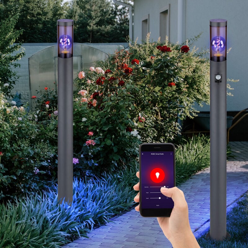 foto del prodotto lampada da terra con rilevatore di movimento, lampada da esterno, lampada da terra, acciaio inossidabile, antracite, fumo, controllo app, 1x smart