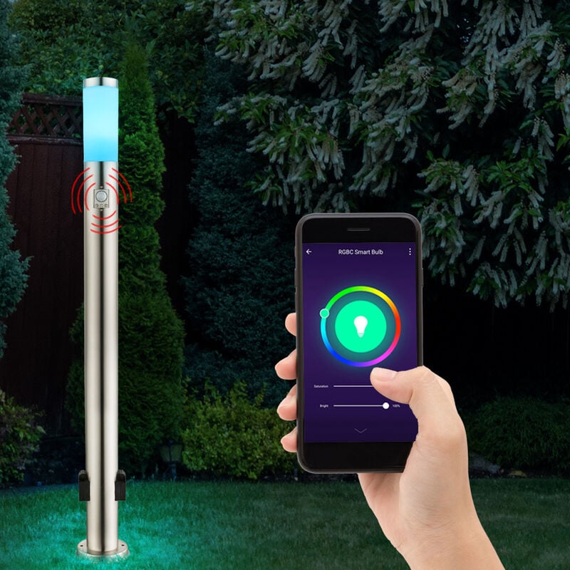 foto del prodotto lampada da terra con rilevatore di movimento lampada da terra in acciaio inox, prese luce da esterno, controllo app cct dimmerabile, smart rgb led
