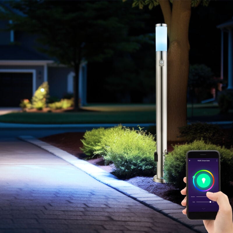foto del prodotto lampada da terra con rilevatore di movimento lampada da terra in acciaio inox, prese luce da esterno, controllo app cct dimmerabile, smart rgb led