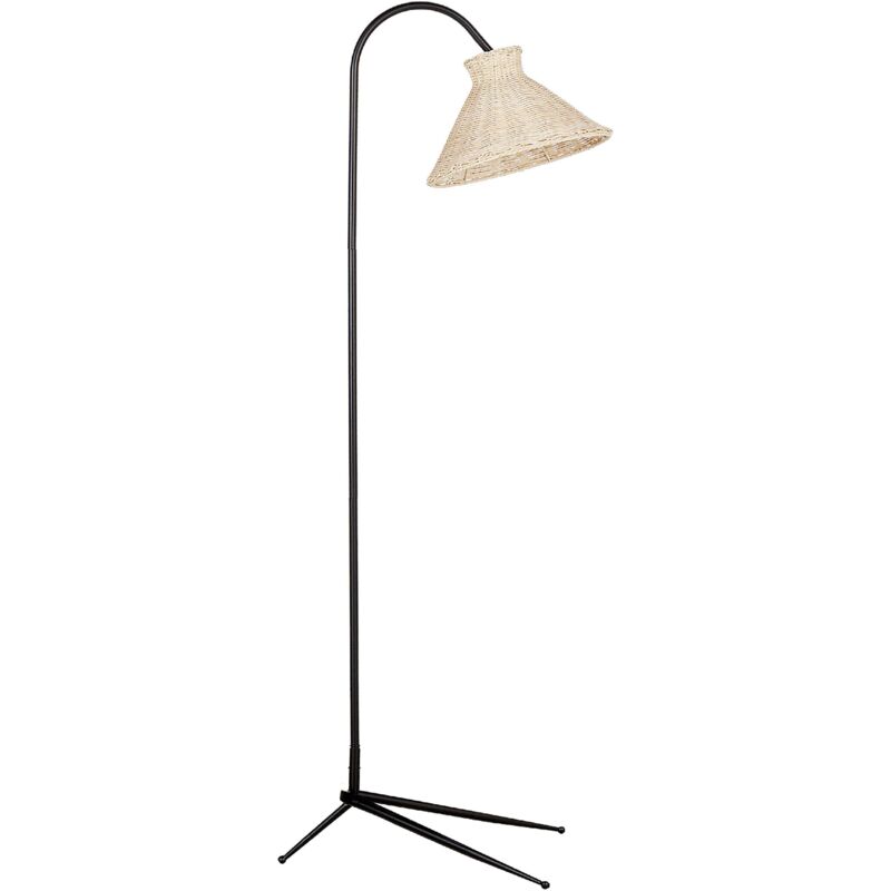foto del prodotto lampada da terra con struttura in metallo nero e paralume in rattan naturale kerian