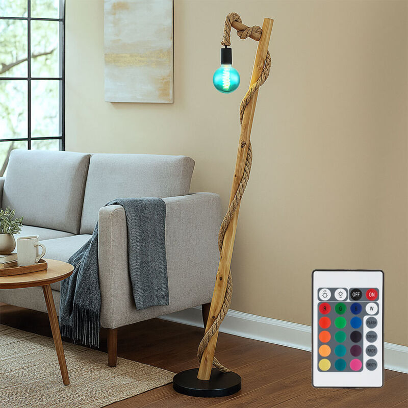 foto del prodotto lampada da terra con telecomando lampada da terra dimmerabile in legno nero lampada in legno corda di canapa stile country, metallo marrone, 1x led