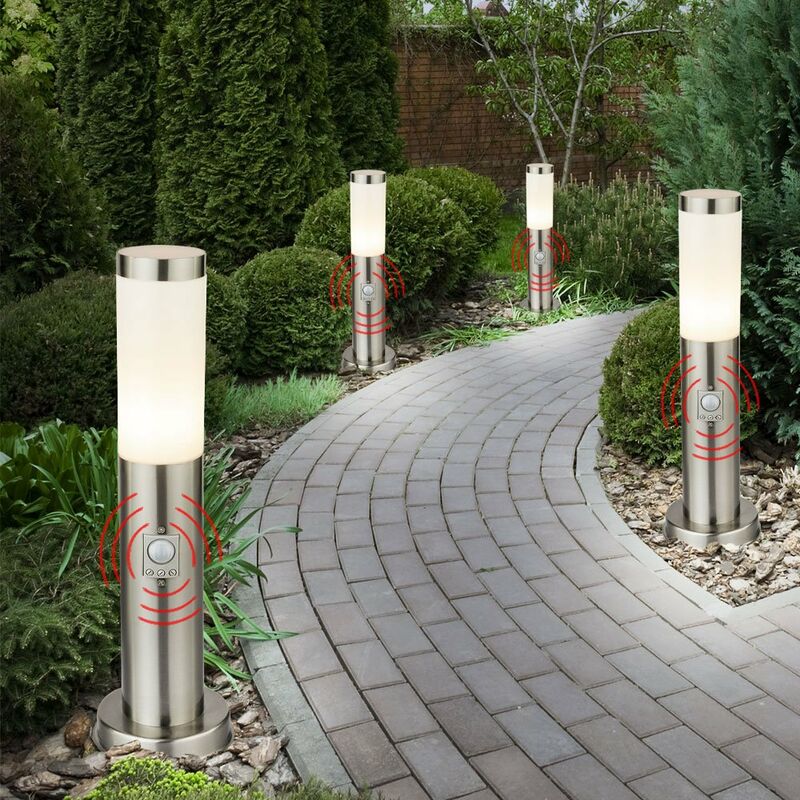 foto del prodotto lampada da terra da esterno con rilevatore di movimento, lampada da giardino, segnapasso in acciaio inox, argento, 1x e27, pxh 12,7x45 cm, set da 4