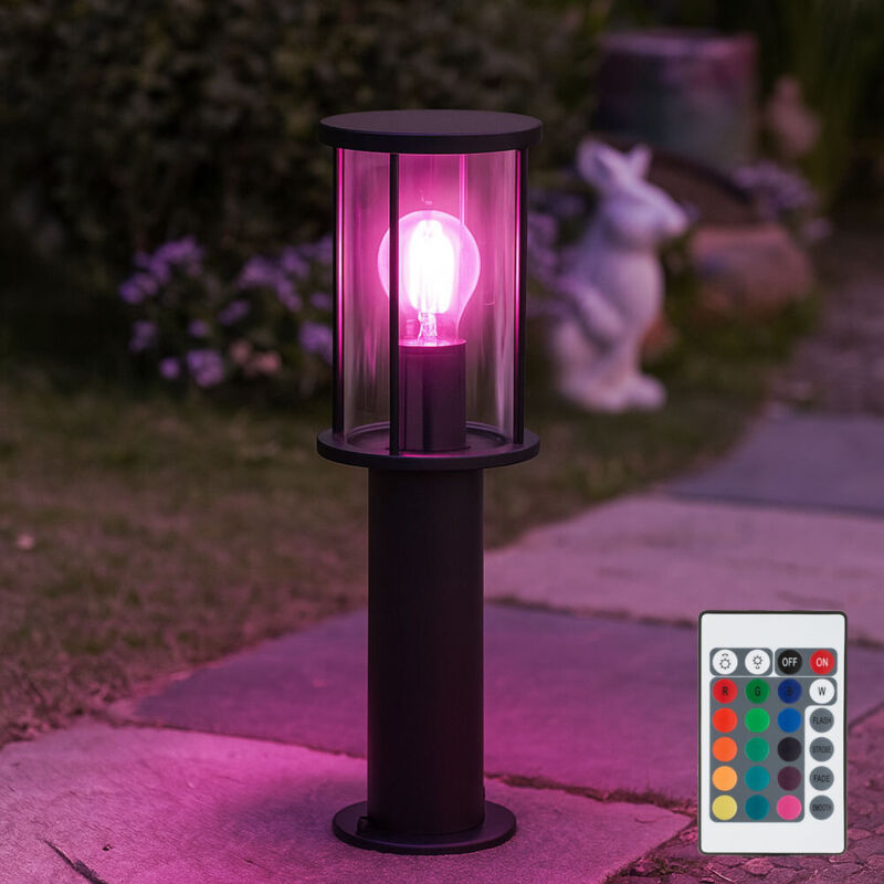 foto del prodotto lampada da terra da giardino con piedistallo, lampada da esterno, telecomando dimmerabile con cambia colori ip54, paralume in vetro fum in acciaio
