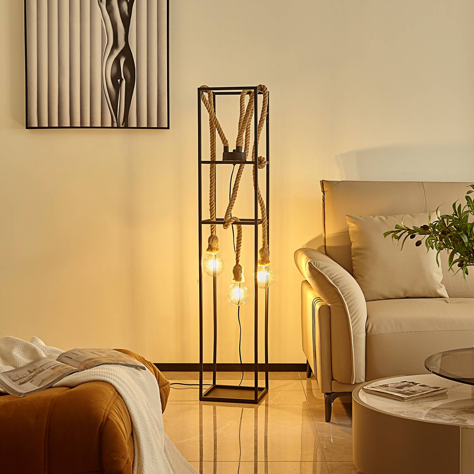 foto del prodotto lampada da terra di design lucande vlados, gabbia, a 3 luci.