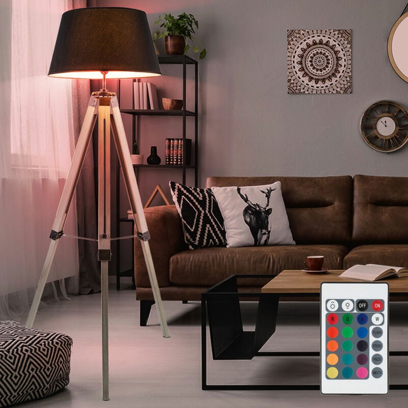 foto del prodotto lampada da terra dimmerabile con telecomando lampada in legno lampada da terra a led per soggiorno, treppiede in legno cambia colore rgb, 8,5w 806lm
