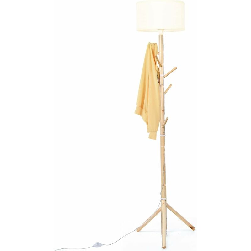 foto del prodotto lampada da terra e attaccapanni 2 in 1 con supporto in legno, paralume in tessuto, interruttore a pedale, attacco e27 lampadina non inclusa, per