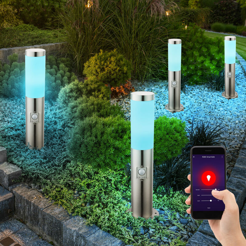foto del prodotto lampada da terra e27 piantana giardino smart home luce esterna rilevatore di movimento, app comando vocale cct, ip44, acciaio inox, 1x led rgb 10w