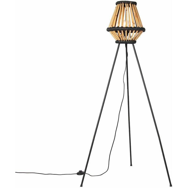 foto del prodotto lampada da terra evalin orientale bamboo,acciaio nero legno tondo max. 1 x watt qazqa