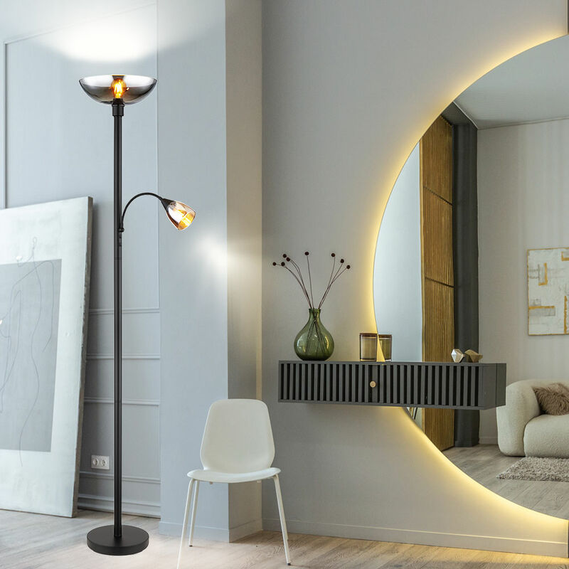 foto del prodotto lampada da terra, faretto da soffitto, lampada da terra, lampada da lettura, lampada da camera da letto, lampada da soggiorno, metallo nero, vetro
