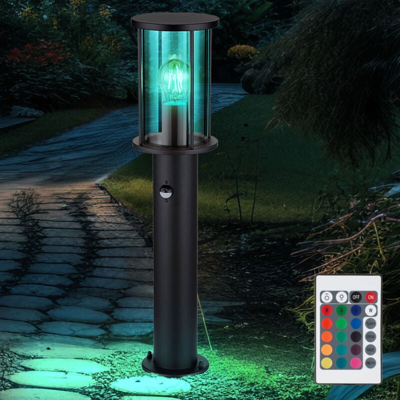 foto del prodotto lampada da terra in acciaio inox con sensore di luce da giardino, lampada da esterno, rilevatore di movimento in vetro fum nero, telecomando