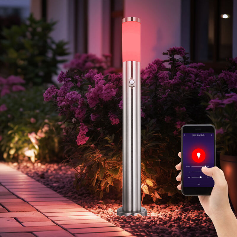 foto del prodotto lampada da terra in acciaio inox dimmerabile rilevatore di movimento luce da giardino esterna argento controllabile tramite cellulare