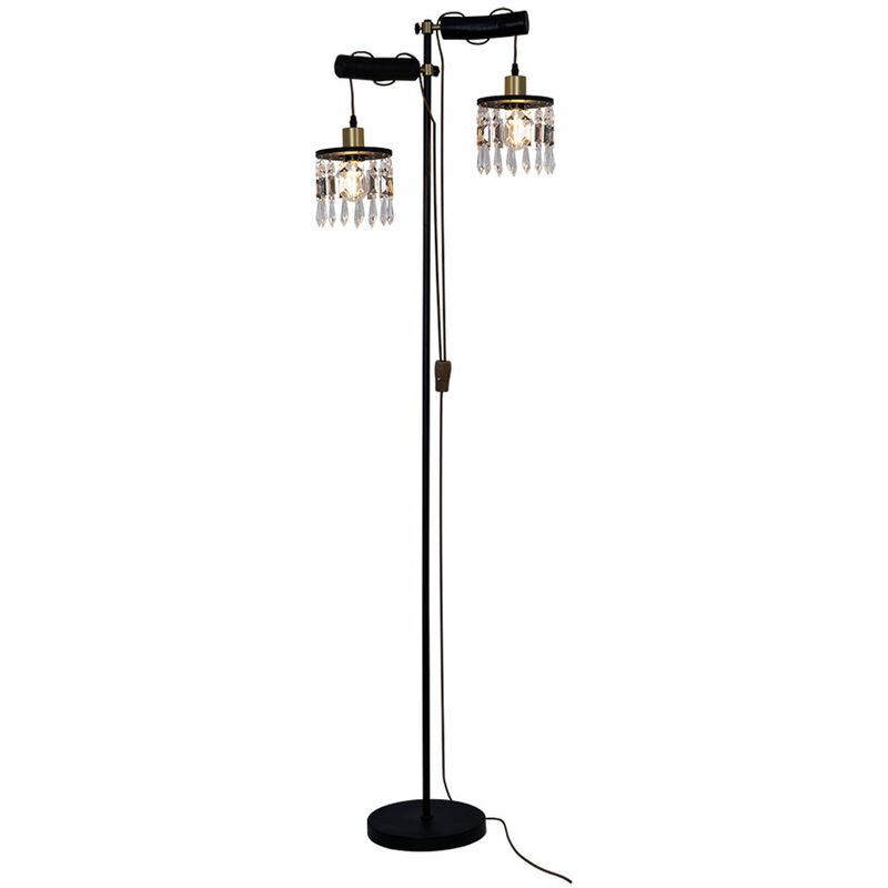 foto del prodotto lampada da terra in legno 2 lampadine lampada da soggiorno lampada da terra regolabile in altezza cristalli, ottone metallo nero, attacchi e27, lxlxh