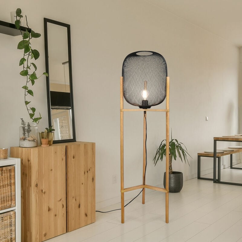 foto del prodotto lampada da terra in legno da soggiorno lampada da terra in legno a gabbia, metallo, 1x attacco e27, dxh 38x122 cm