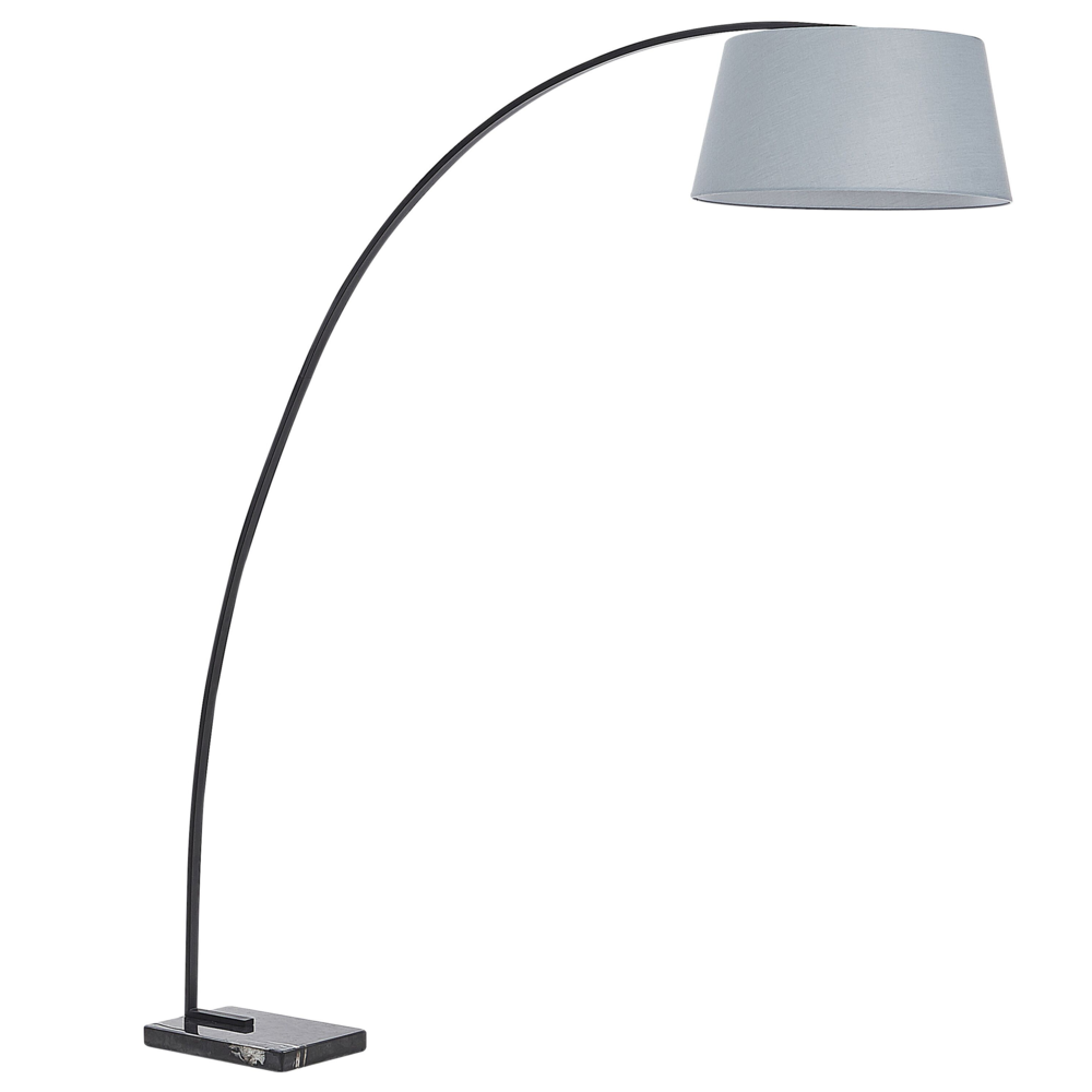 foto del prodotto lampada da terra in metallo grigio 188 cm con struttura curva paralume in policotone paralume a tamburo con base in marmo dal design moderno