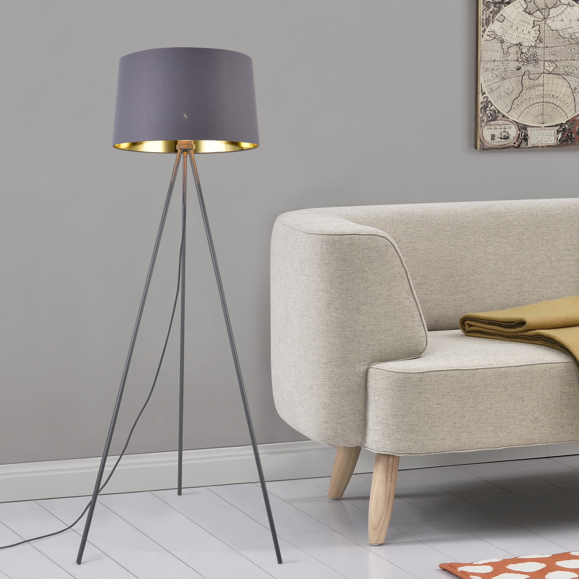 foto del prodotto lampada da terra in stile treppiedi alta 150 cm piantana tripode con base in metallo e paralume conico in tessuto 