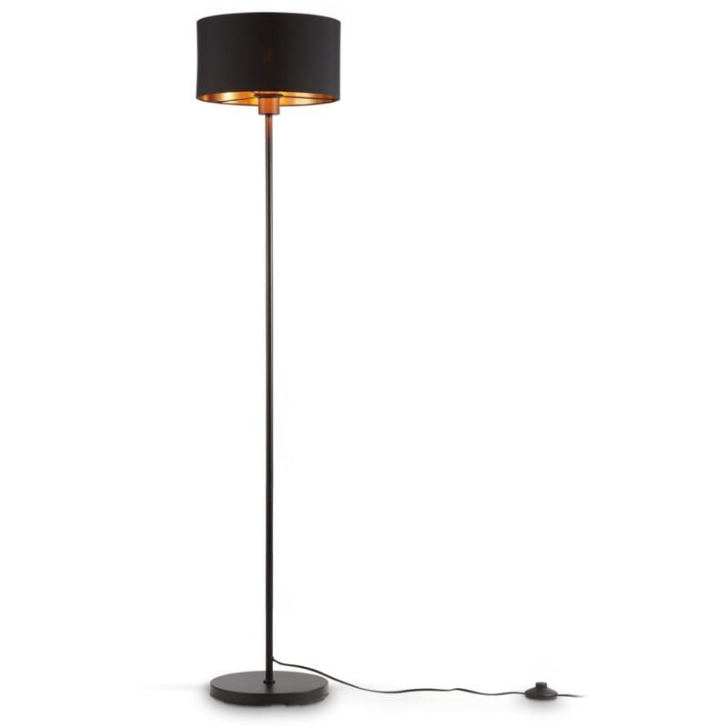 foto del prodotto lampada da terra in tessuto nero oro attacco per lampadina e27 non inclusa, piantana con paralume in tessuto 30 cm, altezza 1415mm, interruttore a