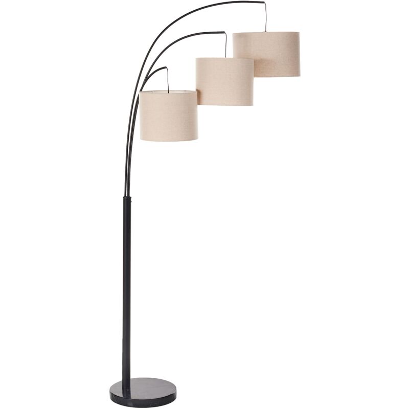 foto del prodotto lampada da terra industriale a 3 luci paralumi in metallo e tessuto di lino base in marmo beige e nero caroni