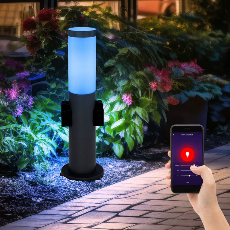 foto del prodotto lampada da terra intelligente per esterni, prese da giardino, luce di base, app dimmerabile, controllo del telefono cellulare in un set che include