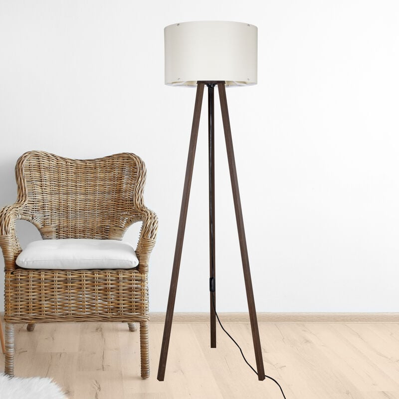 foto del prodotto lampada da terra keynes piantana a treppiedi con paralume cilindrico in tessuto pvc color noce crema lux.pro