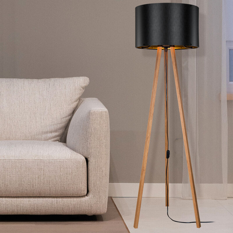 foto del prodotto lampada da terra keynes piantana a treppiedi con paralume cilindrico in tessuto pvc effetto bamb nero lux.pro 81001430