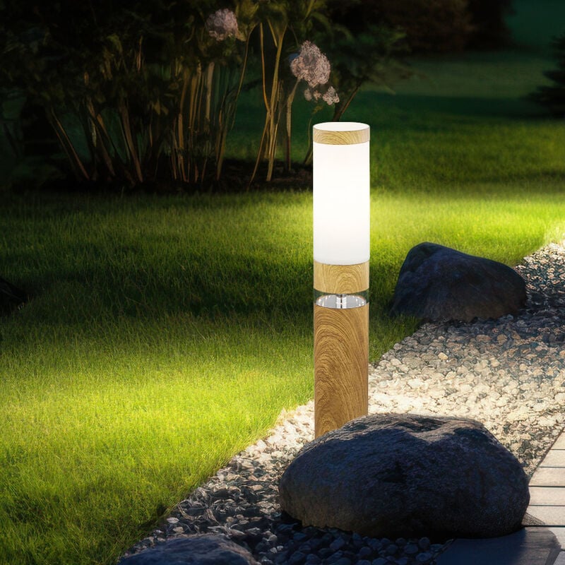 foto del prodotto lampada da terra lampada a piedistallo per esterni lampada a piedistallo rotonda per esterni terrazze in acciaio inossidabile, aspetto legno con led