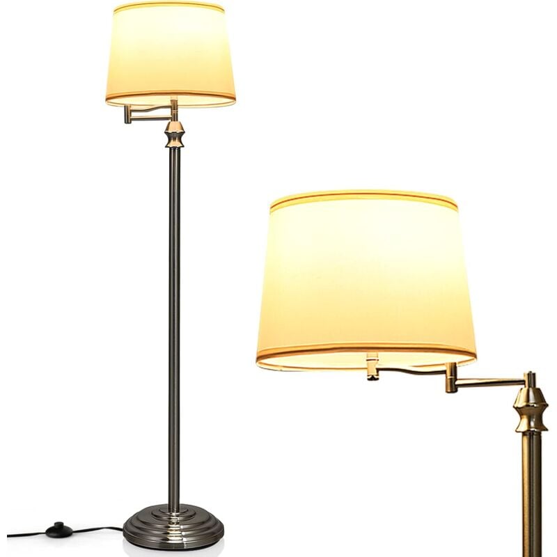 foto del prodotto lampada da terra, lampada a stelo, piantana in ferro, paralume beige in tessuto, interruttore a pedale, luce gialla calda, stile vintage, ideale per