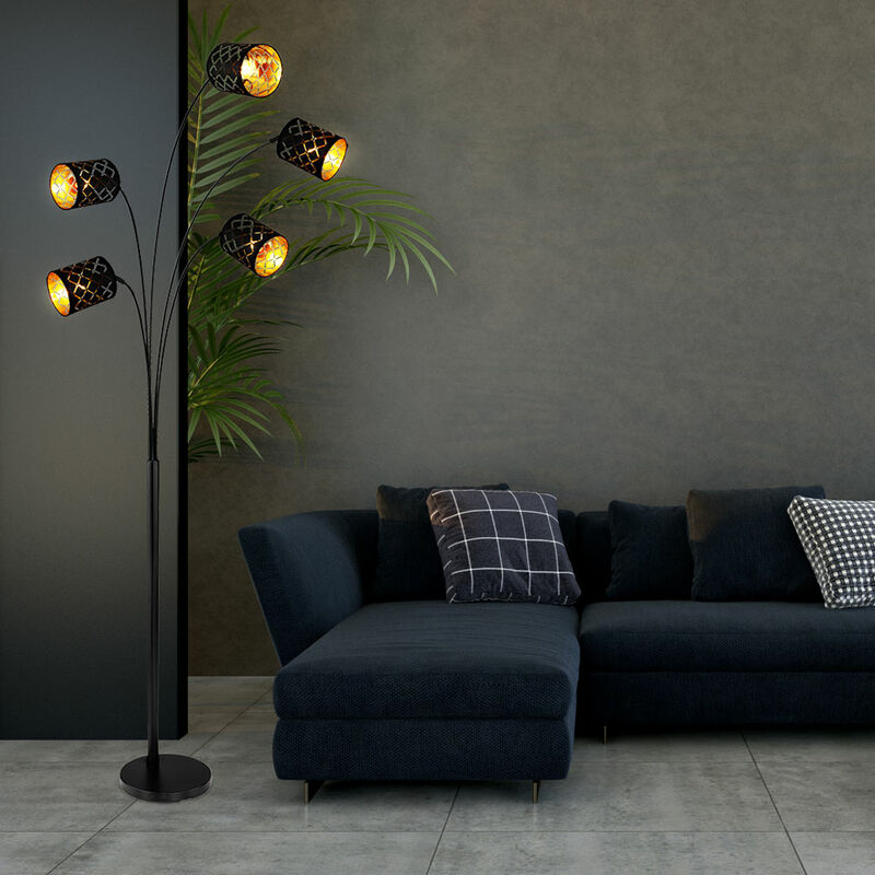 foto del prodotto lampada da terra, lampada da camera, paralume in tessuto placcato oro nero, punzonatura decorativa, tessuto metallico, 5x e14, lxpxh 85x130x204 cm