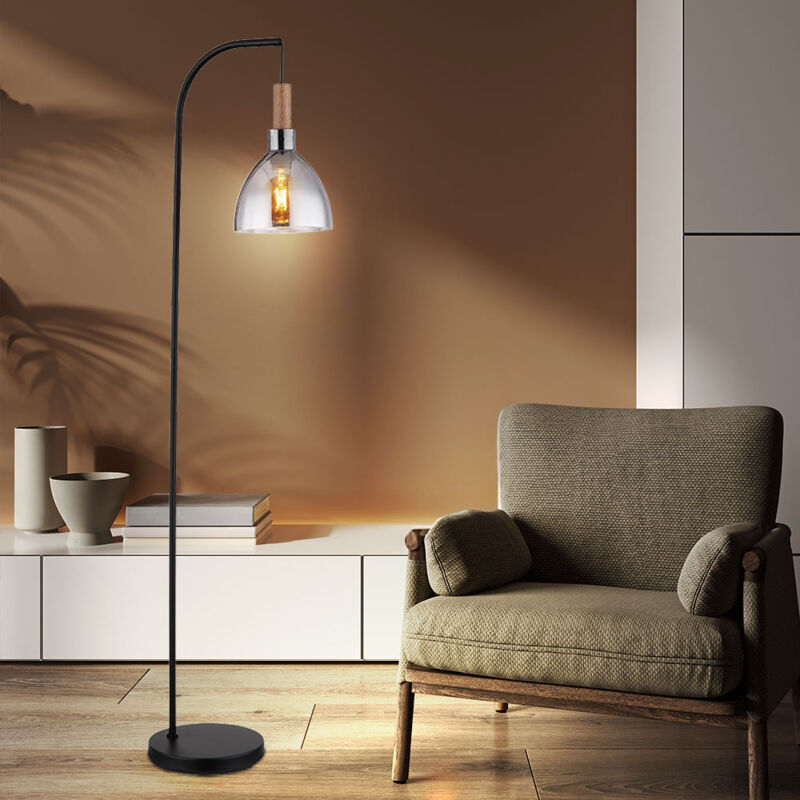 foto del prodotto lampada da terra lampada da terra in vetro fum effetto legno lampada da terra lampada laterale, metallo nero, mdf, led 7w 806lm bianco caldo, lxlxh