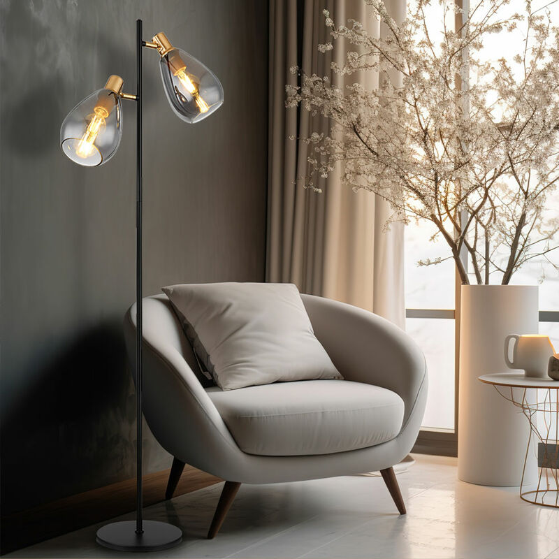 foto del prodotto lampada da terra lampada da terra in vetro fum soggiorno lampada da terra retr in vetro nero, metallo ottone, 2x prese e27, lxlxh 34x25x160 cm