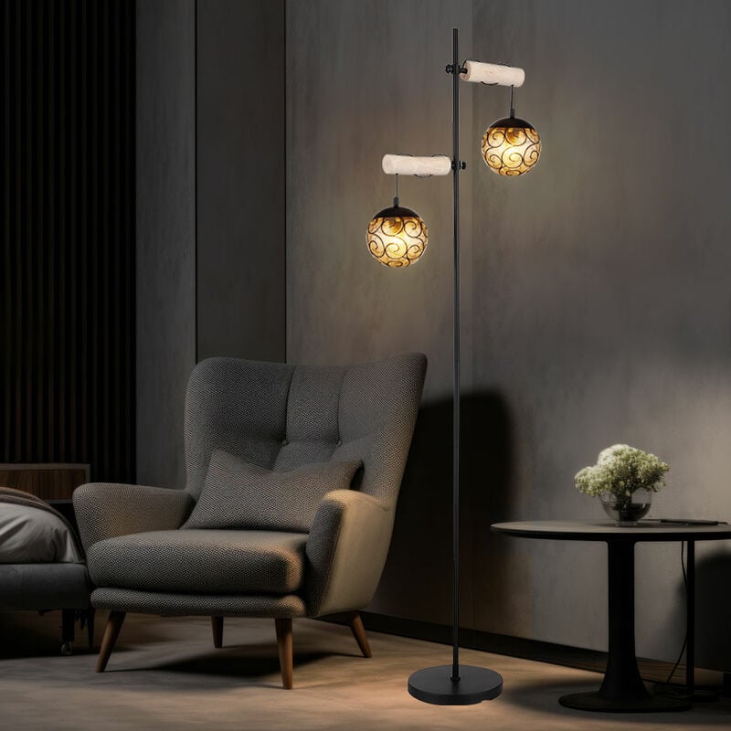 foto del prodotto lampada da terra, lampada da terra, lampada laterale, lampada da soggiorno, regolabile in altezza, legno naturale, paralumi in vetro, ambra, metallo nero, 2x prese e27, lxpxh 51x25x168 cm
