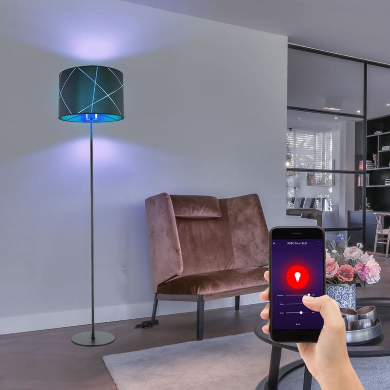 foto del prodotto lampada da terra lampada da terra nero oro e27 lampada da terra in tessuto, linee decorative dorate, controllo app dimmerabile, smart rgb led 10w