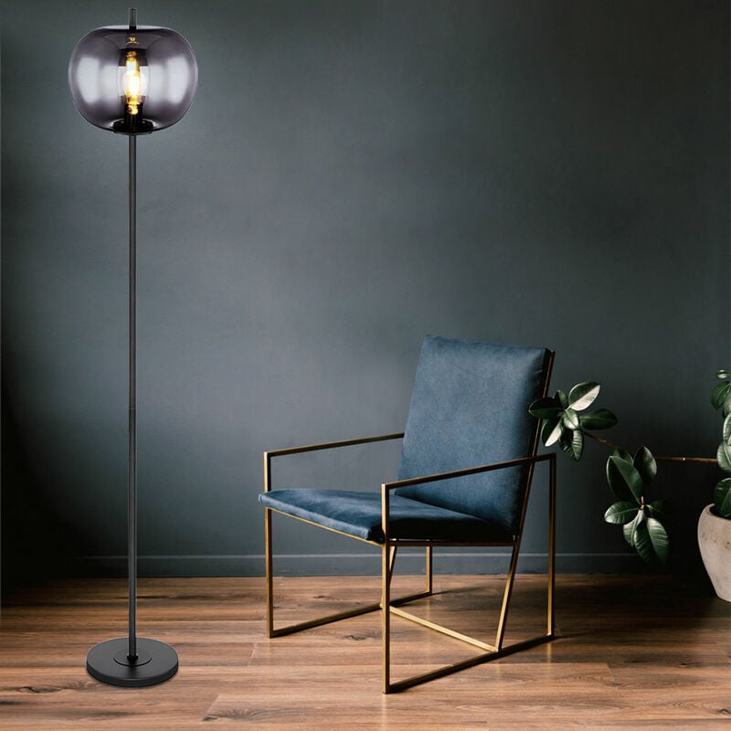 foto del prodotto lampada da terra, lampada in vetro, uplighter, soggiorno, lampada da lettura, lampada da terra, sfera di vetro fum , metallo nero, 1x attacco e27,
