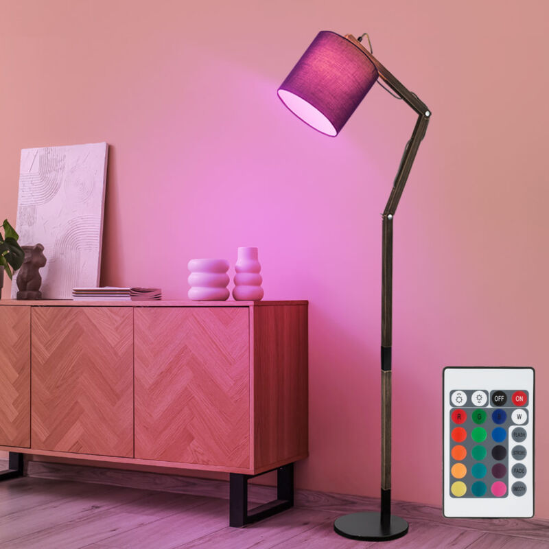 foto del prodotto lampada da terra lampada snodabile dimmerabile con telecomando, paralume in tessuto di legno, lampada da soggiorno mobile, metallo nero marrone, led