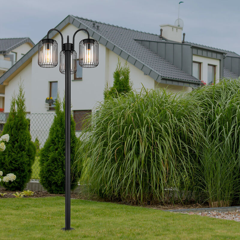 foto del prodotto lampada da terra, lanterna, lampada da esterno, lampione retrò, acciaio inox, lampada da terrazza, resistente alle intemperie, lampada da giardino, aste in metallo, nero, 3 attacchi e27