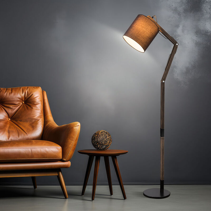 foto del prodotto lampada da terra led in tessuto lampada articolata lampada da terra in piedi paralume in legno orientabile, marrone nero, 9w 810lm bianco caldo,