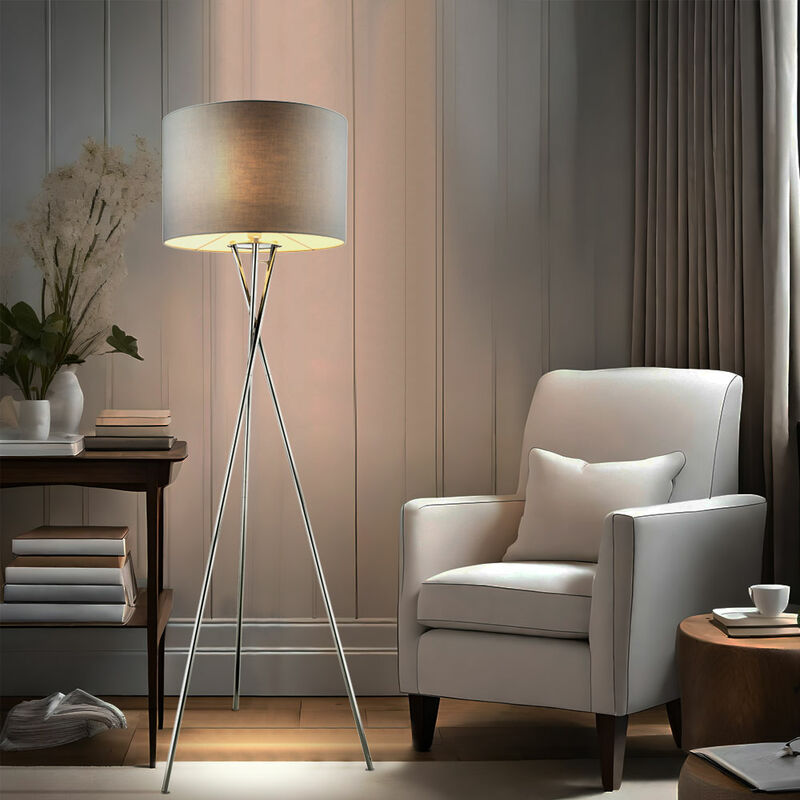 foto del prodotto lampada da terra led treppiede lampada da soggiorno lampada da terra tessile lampada da terra grigia camera da letto, metallo cromato, 9w 810lm