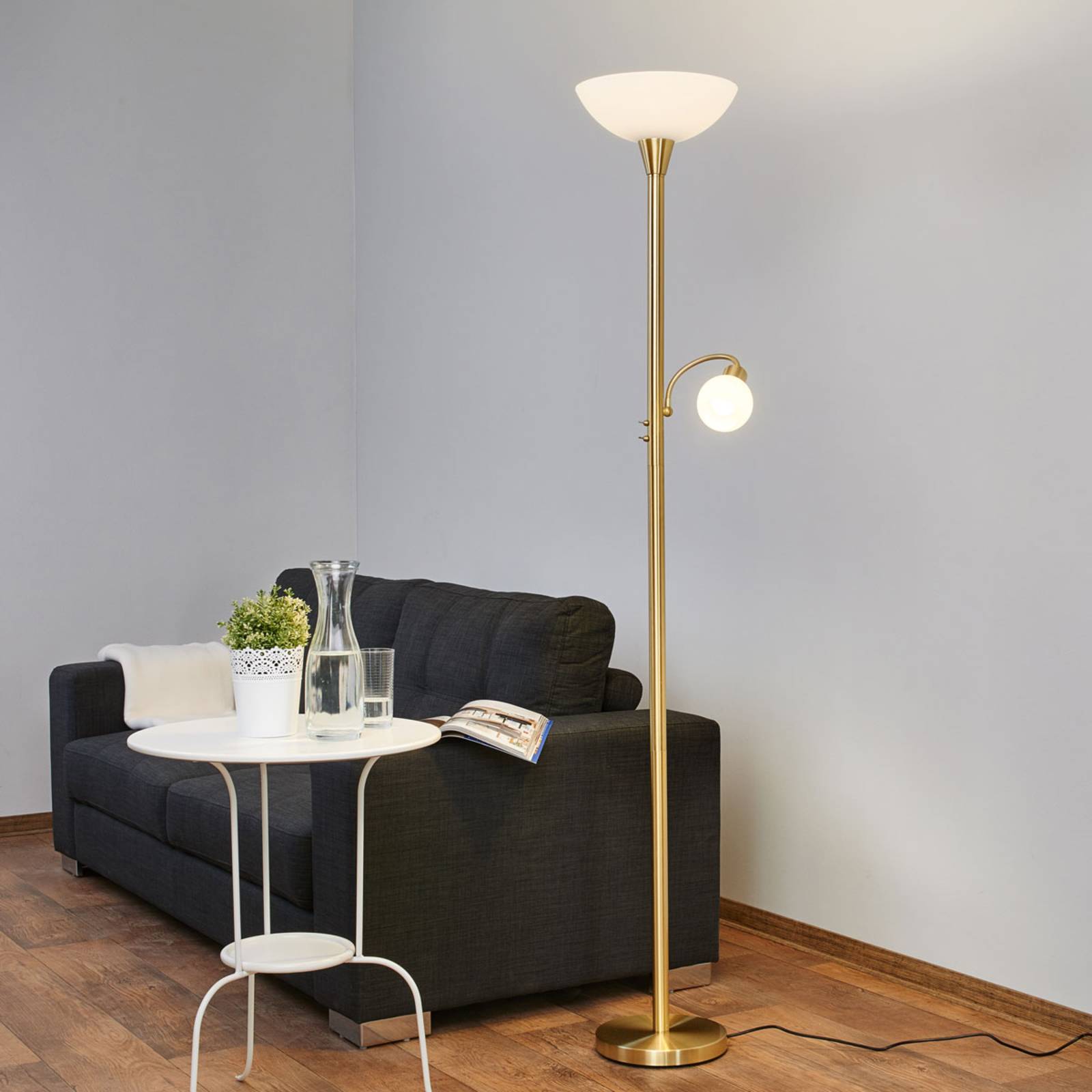 foto del prodotto lampada da terra lindby elaina, lampada da lettura, color ottone, 183 cm e27
