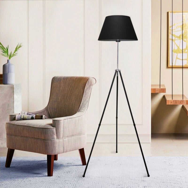 foto del prodotto lampada da terra livingston piantana tripode lampada a treppiedi con paralume in tessuto di forma circolare nero lux.pro