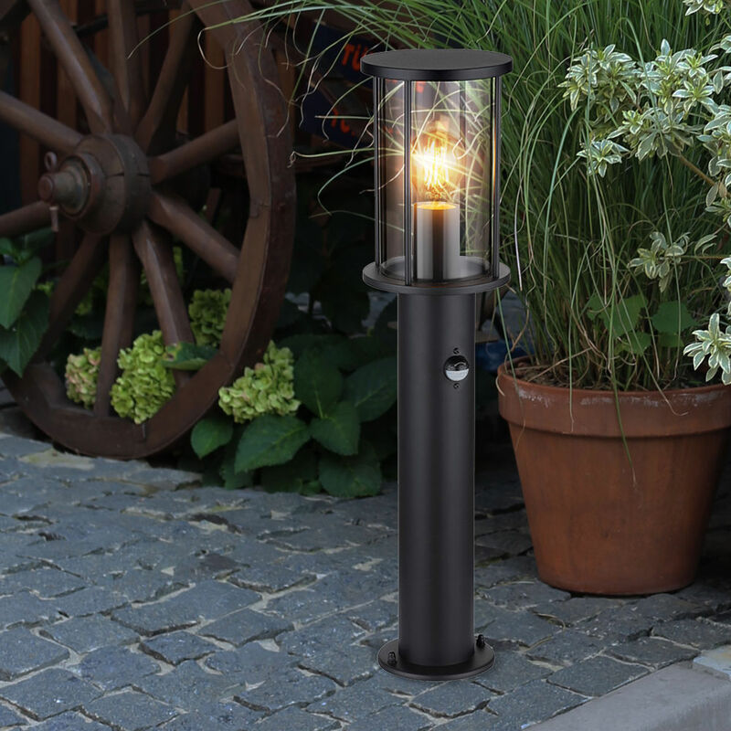 foto del prodotto lampada da terra, luce da vialetto, lampada da giardino, lampada da esterno, metallo, nero, vetro, fumo, rilevatore di movimento, acciaio