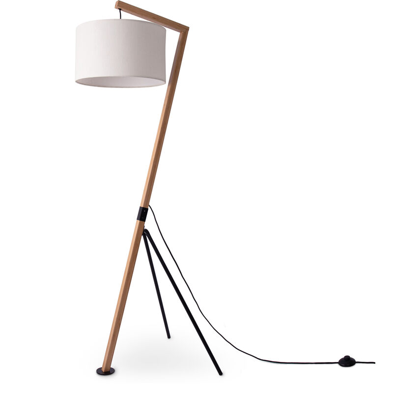 foto del prodotto lampada da terra moderna soggiorno treppiede legno metallo vintage e27 braccio bianco 38cm , lampada da terra bamb paco home