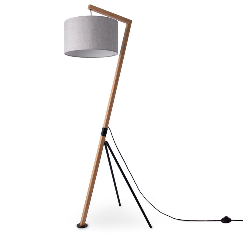 foto del prodotto lampada da terra moderna soggiorno treppiede legno metallo vintage e27 braccio grigio 38cm , lampada da terra bamb paco home