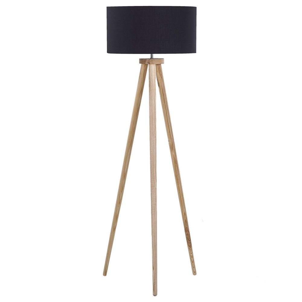foto del prodotto lampada da terra nera con struttura in legno chiaro 140 cm paralume in tessuto treppiede per tamburo design moderno