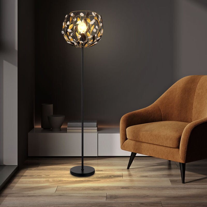 foto del prodotto lampada da terra nero oro lampada da terra soggiorno foglie design cristalli, 1x e27, dxh 40x157 cm