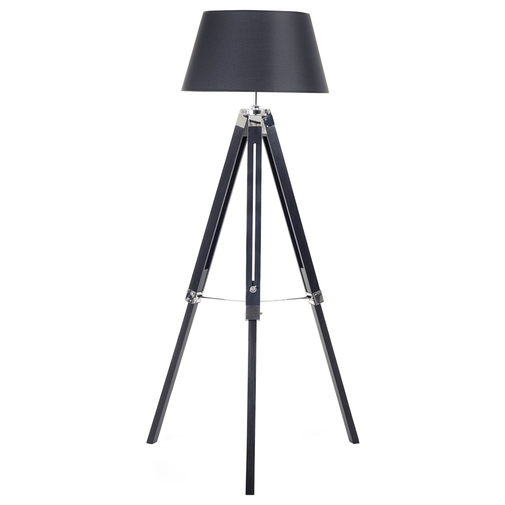 foto del prodotto lampada da terra nero policotone paralume gambe in legno 143 cm treppiede moderno stile industriale soggiorno camera da letto