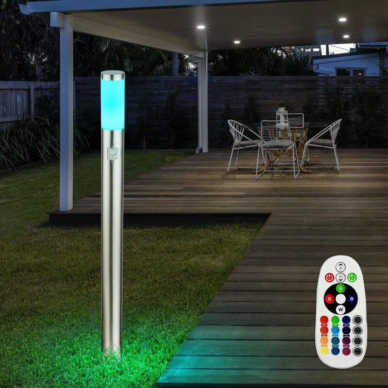 foto del prodotto lampada da terra per esterni a led in acciaio inossidabile, telecomando, rilevatore di movimento in un set che include lampade led rgb