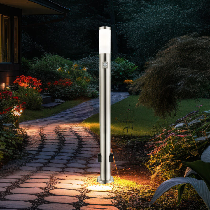 foto del prodotto lampada da terra per esterni con base per rilevatore di movimento, prese luminose per esterni, acciaio inossidabile, opale, led 9w 500lm bianco