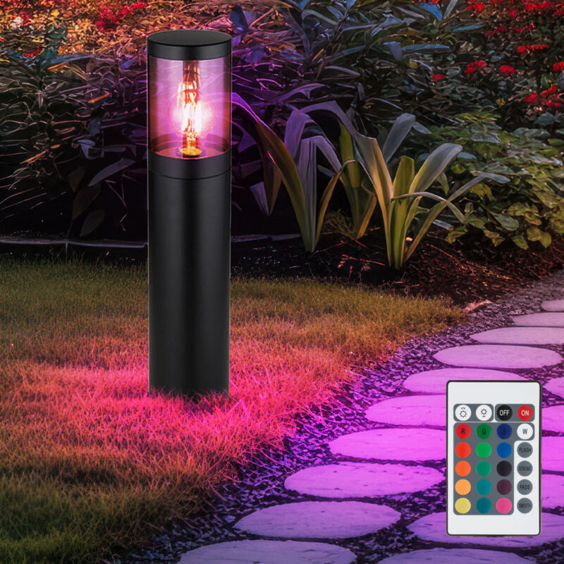 foto del prodotto lampada da terra per esterni con piedistallo a led dimmerabile con telecomando luce per esterni in acciaio inox, cambio colore rgb, nero fum , 4w