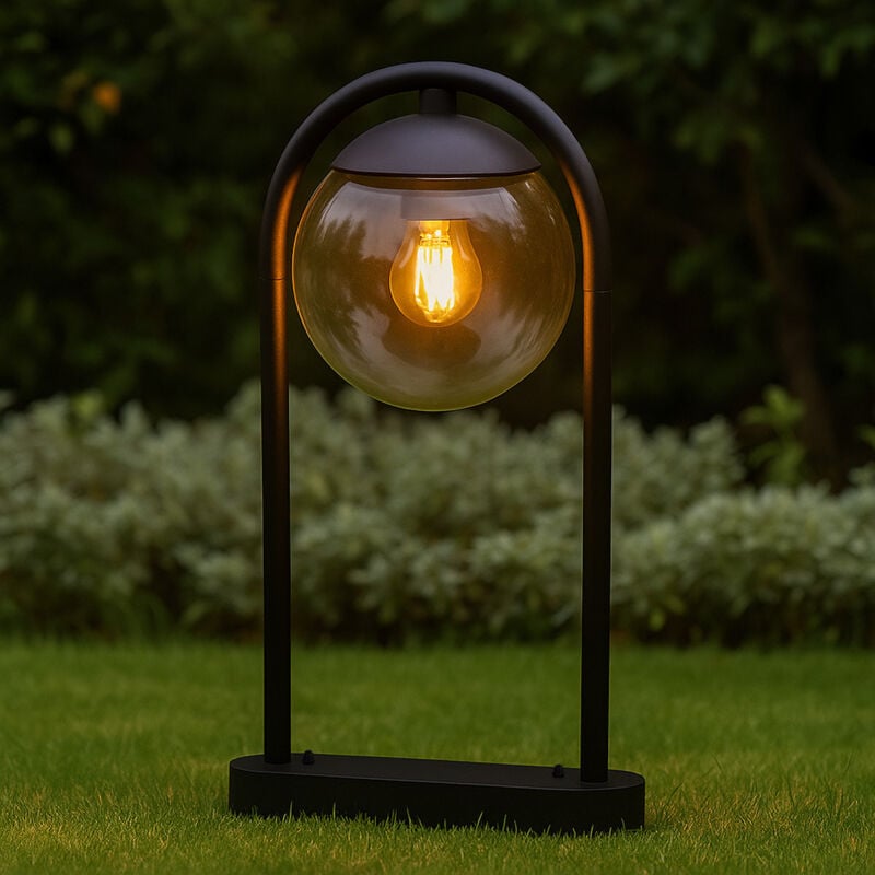 foto del prodotto lampada da terra per esterni, lampada da sentiero, lampada da patio, lampada da terra per esterni, sfera di vetro, ip44 retr , metallo nero fum , 1x