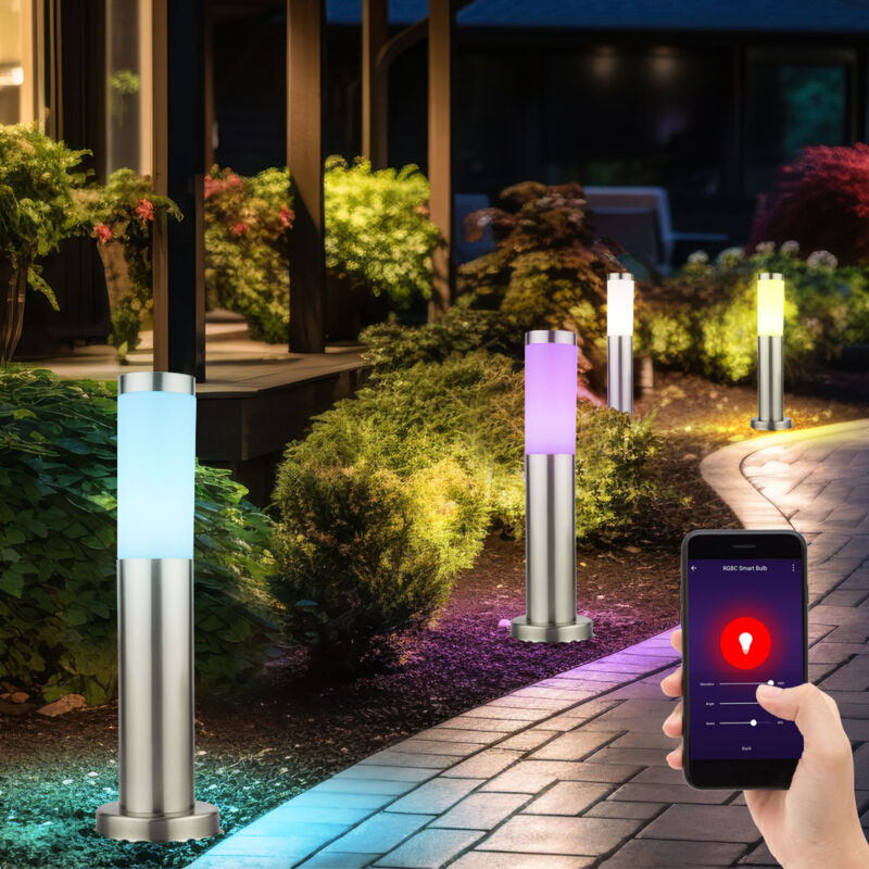 foto del prodotto lampada da terra per esterni lampada da terra lampada da sentiero lampada da terra lampada da giardino, acciaio inossidabile argento, controllo app cct, smart rgb led 10w 806lm, h 45 cm, set di 4
