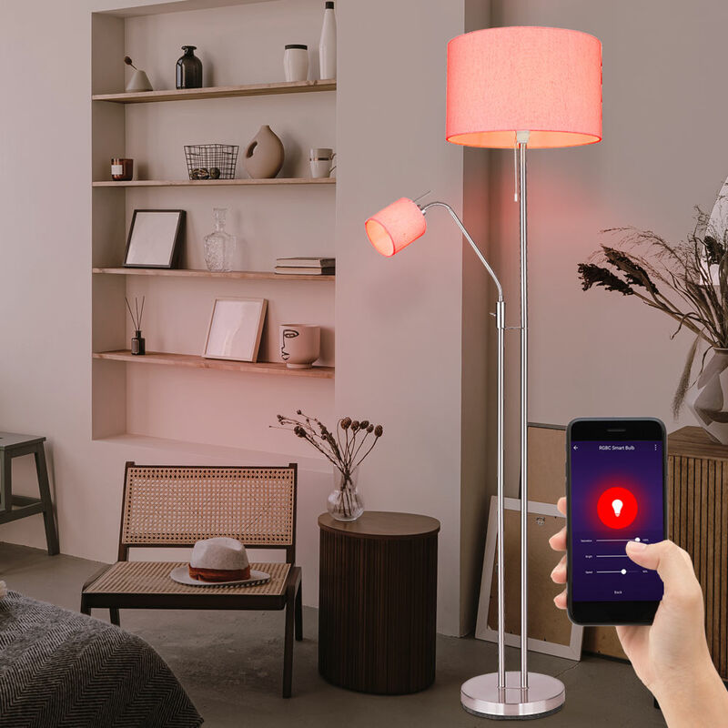 foto del prodotto lampada da terra per soggiorno con lampada da lettura lampada da terra con paralume in tessuto, interruttore a strappo, controllo tramite app, smart